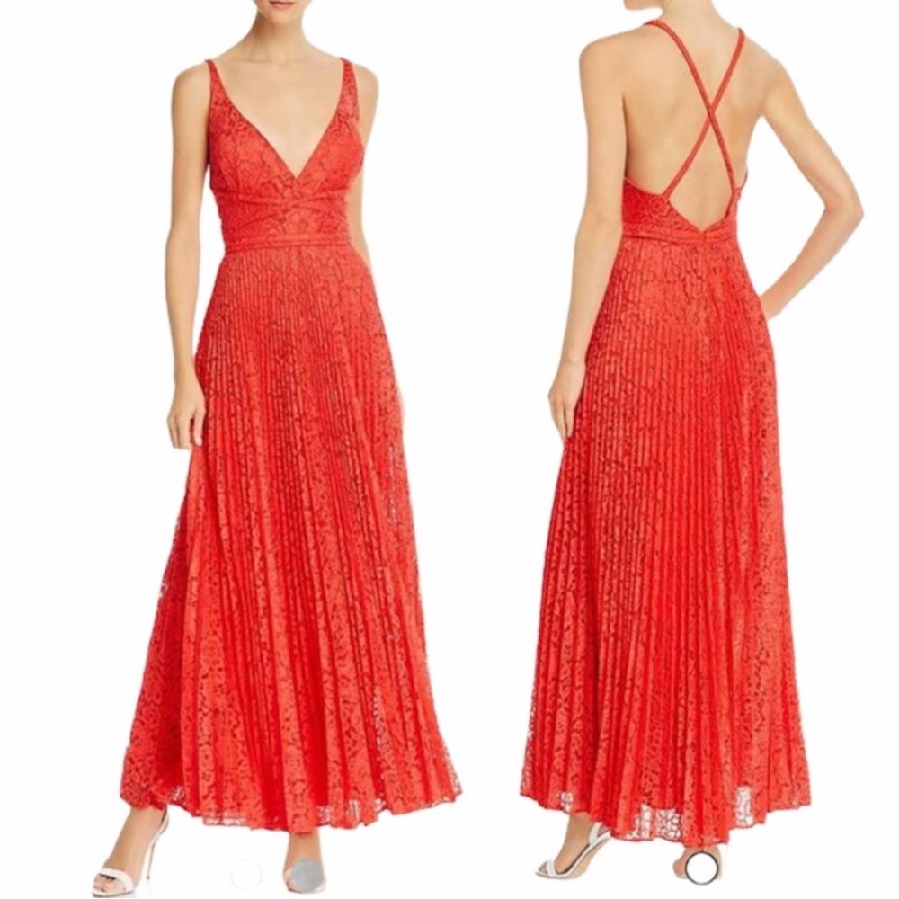 NWT  LAUNDRY By SHELLI SEGAL Red Lace Low Back Pleated Evening Dress, Si…